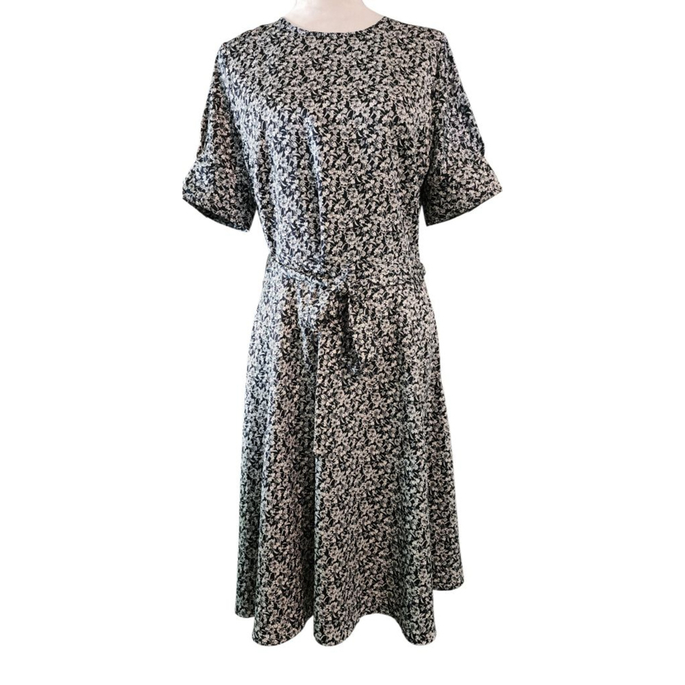 H&M Women's Black Floral Ditsy Print Puff Sleeve Tie Belt Midi Dress M